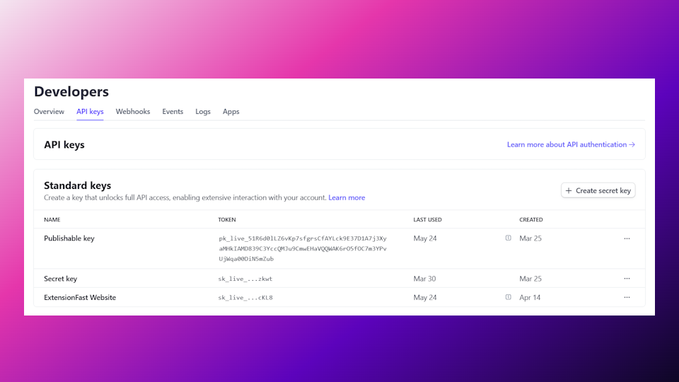 Stripe api keys