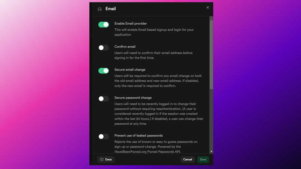 Supabase enabling email and password